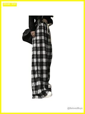Plaid Goth Alt Baggy Harem Pants for Women Elastic Waist Wide Leg